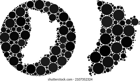 Vector collage Lleida Province map of spheric items. Mosaic geographic Lleida Province map is created as subtraction from circle with spheric items in black color hues.