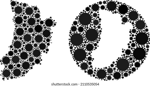 Vector collage Lleida Province map of virus elements. Mosaic geographic Lleida Province map constructed as carved shape from round shape with virus outbreak icons in black colors.