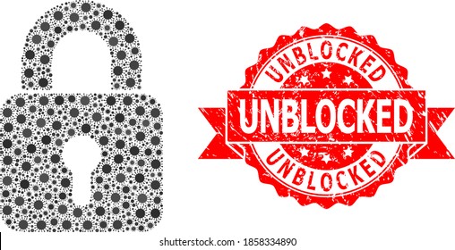 Vector collage lock of virus, and Unblocked dirty ribbon stamp. Virus elements inside lock collage. Red stamp seal includes Unblocked caption inside ribbon.