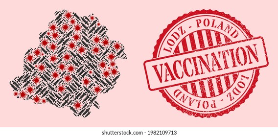 Vector collage Lodz Voivodeship map of flu virus, treatment icons, and red grunge vaccination stamp. Virus particles and vaccine particles inside Lodz Voivodeship map.