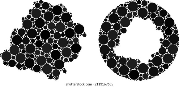 Vector collage Lodz Voivodeship map of round elements. Mosaic geographic Lodz Voivodeship map constructed as carved shape from round shape with spheric items in black colors.