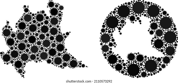 Mapa de la región Lombardía del collage de vectores de los elementos del virus sars. Mapa geográfico de la región lombarda del mosaico diseñado como sustracción de la forma redonda con elementos del virus SARS en tonos de color negro.