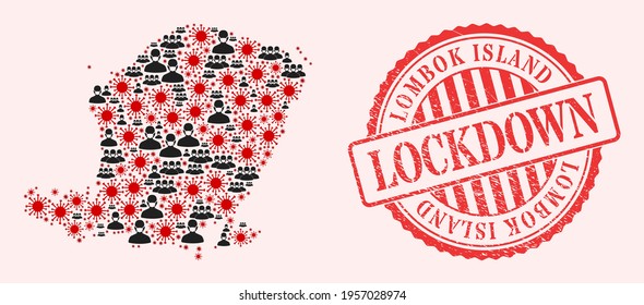 Mapa del virus del SARS en la isla Lombok con el collage de vectores, personas enmascaradas y sello de bloqueo de grunge rojo. Objetos de virus y personas con máscaras dentro del mapa de la isla de Lombok.