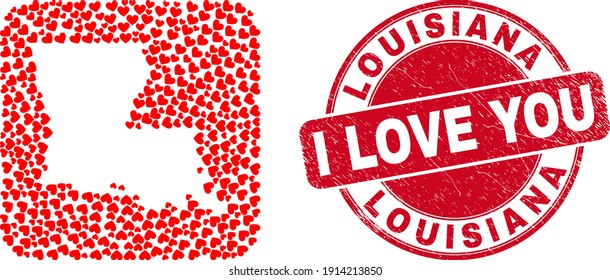 Vector collage Louisiana State map of love heart elements and grunge love seal. Collage geographic Louisiana State map created as carved shape from rounded square shape with love hearts.
