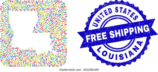 Vector collage Louisiana State map of arrows and rubber Free Shipping stamp. Collage Louisiana State map designed as hole from rounded square with emigration arrows.