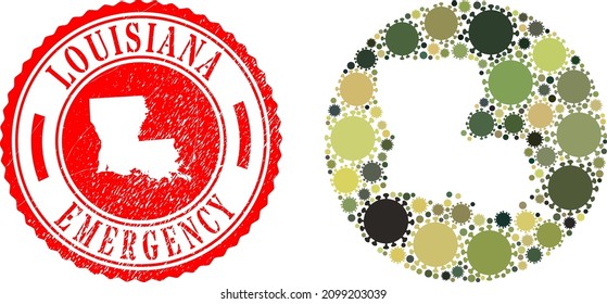 Vector collage Louisiana State map of sars virus elements and grunge EMERGENCY seal.