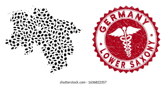 Vector collage Lower Saxony Land map and red rounded distressed stamp seal with caduceus sign. Lower Saxony Land map collage formed with oval spots. Red rounded health care seal stamp,