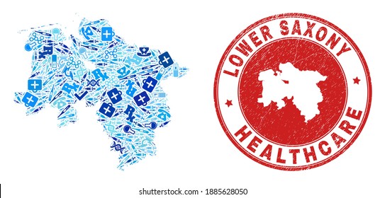 Vector collage Lower Saxony Land map with vaccine icons, labs symbols, and grunge health care stamp. Red round watermark with unclean rubber texture and Lower Saxony Land map tag and map.