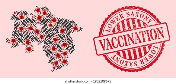 Vector collage Lower Saxony Land map of flu virus, vaccination icons, and red grunge vaccination seal. Virus cells and injection items inside Lower Saxony Land map.