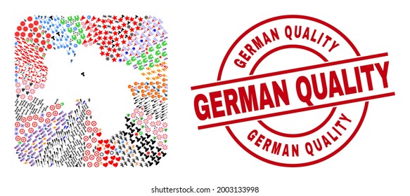 Vector collage Lower Saxony Land map of different symbols and German Quality seal. Collage Lower Saxony Land map created as carved shape from rounded square shape.
