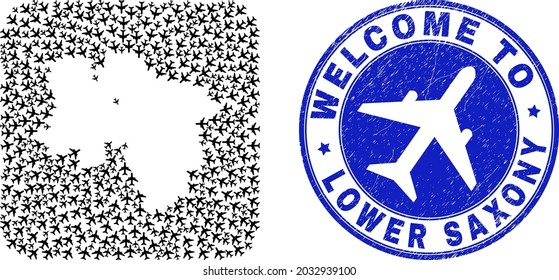 Vector collage Lower Saxony Land map of airlines items and grunge Welcome stamp. Mosaic geographic Lower Saxony Land map constructed as stencil from rounded square shape with air trips.