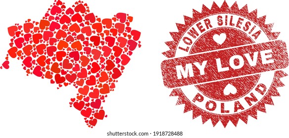 Collage vectorial Provincia de Baja Silesia, mapa de adorables ítems cardíacos y grunge la insignia de mi amor. Mapa geográfico collage de la provincia de Baja Silesia construido con corazones adorables.