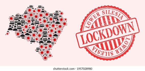 Vector collage Lower Silesia Province map of flu virus, masked men and red grunge lockdown seal stamp. Virus cells and men in masks inside Lower Silesia Province map.