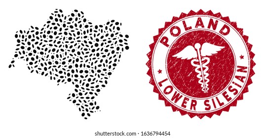 Vector collage Lower Silesian Voivodeship map and red rounded grunge stamp seal with healthcare sign. Lower Silesian Voivodeship map collage designed with elliptic items.