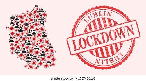 Vector collage Lublin Voivodeship map of corona virus, masked men and red grunge lockdown seal stamp. Virus items and men in masks inside Lublin Voivodeship map.