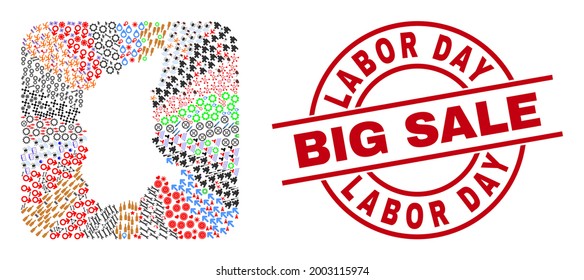 Vector collage Lubusz Voivodeship map of different pictograms and Labor Day Big Sale stamp. Collage Lubusz Voivodeship map designed as carved shape from rounded square shape.