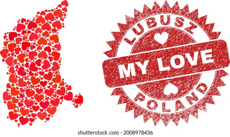 Vektor sammelt Lubusz Voivodeship-Karte der Liebe Herzstücke und Grunge Meine Liebe Robbe Stempel. Mosaik geographische Lubusz Voivodeship-Karte mit schönen Herzen gebaut.