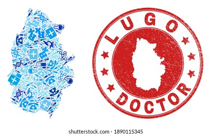 Vector collage Lugo Province map of vaccination icons, analysis symbols, and grunge healthcare seal. Red round seal with distress rubber texture and Lugo Province map text and map.