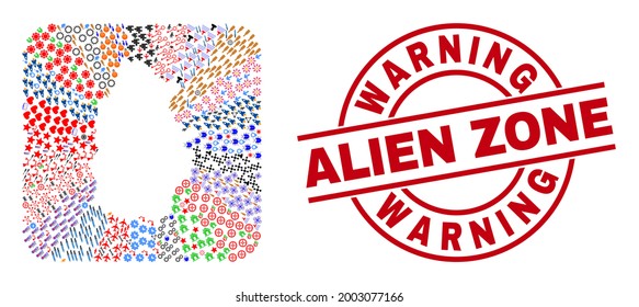 Vector collage Lugo Province map of different icons and Warning Alien Zone seal stamp. Collage Lugo Province map designed as carved shape from rounded square shape.