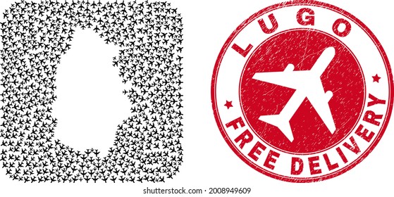Vector collage Lugo Province map of air plane elements and grunge Free Delivery badge. Collage geographic Lugo Province map created as hole from rounded square using coming out aeroplanes.