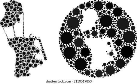 Vector collage Macau map of flu virus items. Mosaic geographic Macau map created as carved shape from round shape with virus elements in black colors. Abstraction for quarantine warnings.