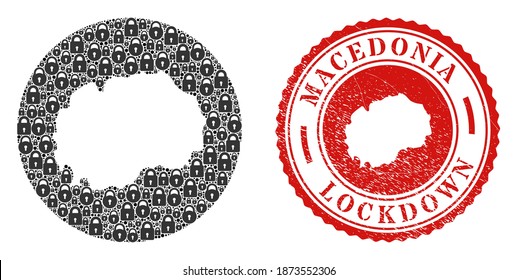 Vector collage Macedonia map of locks and grunge LOCKDOWN seal. Mosaic geographic Macedonia map created as hole from round shape with black locks.