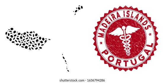 Vector collage Madeira Islands map and red rounded grunge stamp seal with medicine sign. Madeira Islands map collage composed with ellipse spots. Red rounded caduceus stamp, with grunge texture.