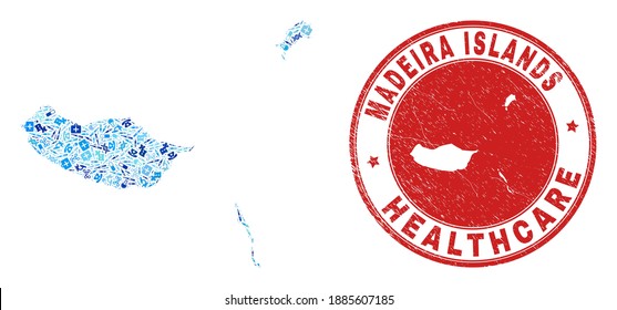 Vector collage Madeira Islands map with vaccine icons, chemical symbols, and grunge healthcare stamp. Red round watermark with scratched rubber texture and Madeira Islands map caption and map.