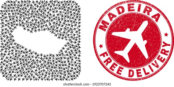 Vector collage Madeira map of air plane items and grunge Free Delivery seal. Collage geographic Madeira map designed as carved shape from rounded square shape with escaping airplanes.