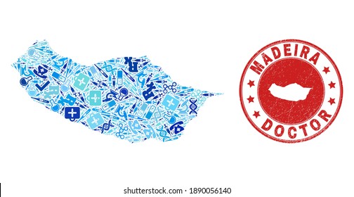 Vector collage Madeira map with treatment icons, first aid symbols, and grunge doctor seal. Red round watermark with grunge rubber texture and Madeira map tag and map.