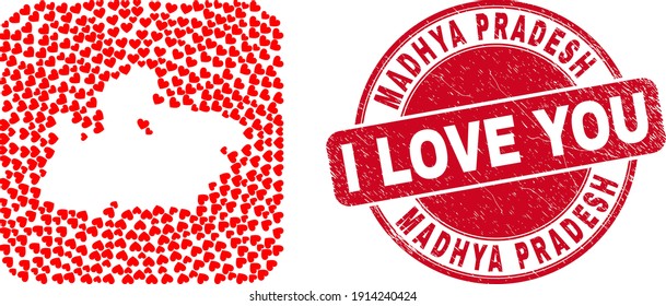 Vector collage Madhya Pradesh State map of love heart items and grunge love badge. Collage geographic Madhya Pradesh State map constructed as hole from rounded square with valentine hearts.