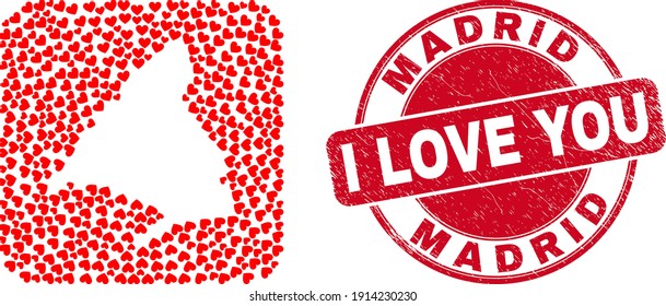 Vector collage Madrid Province map of love heart items and grunge love seal. Collage geographic Madrid Province map constructed as hole from rounded square shape using valentine hearts.