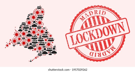 Vector collage Madrid Province map of corona virus, masked men and red grunge lockdown seal stamp. Virus elements and men in masks inside Madrid Province map.