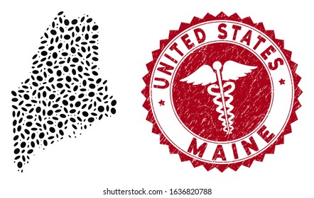 Vector collage Maine State map and red round distressed stamp seal with doctor symbol. Maine State map collage designed with ellipse spots. Red round serpents seal stamp, with scratched texture.