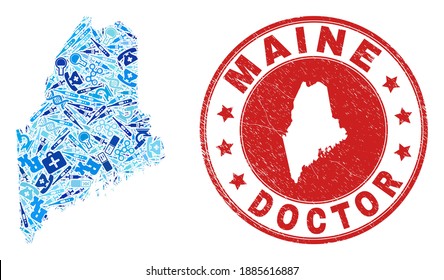 Vektor sammelt Maine State Map mit Dosissymbole, Labosymbolen und grunge Arztsiegel. Rotes rundes Siegel mit korrodierter Kautschukstruktur und Landkarte des Maine State.