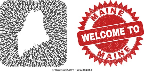 Vector collage Maine State map of movement arrows and rubber Welcome seal stamp. Collage geographic Maine State map constructed as carved shape from rounded square shape with moving arrows.