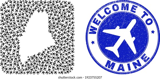Vector collage Maine State map of aviation elements and grunge Welcome badge. Mosaic geographic Maine State map constructed as carved shape from rounded square shape with aviation.