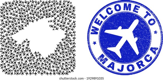 Vector collage Majorca map of air vehicle items and grunge Welcome seal stamp. Mosaic geographic Majorca map designed as carved shape from rounded square shape using air shippings.