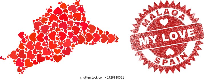 Vector collage Malaga Province map of love heart elements and grunge My Love stamp. Collage geographic Malaga Province map constructed with valentine hearts.
