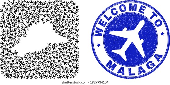 Vector collage Malaga Province map of aviation elements and grunge Welcome badge. Collage geographic Malaga Province map created as hole from rounded square shape with air flights.
