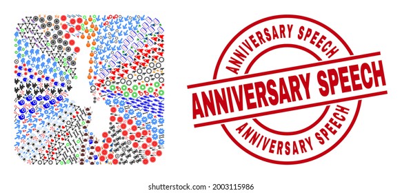 Vector collage Malawi map of different symbols and Anniversary Speech stamp. Collage Malawi map designed as carved shape from rounded square shape. Red round badge with Anniversary Speech tag.