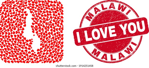 Vector collage Malawi map of love heart elements and grunge love seal. Collage geographic Malawi map created as hole from rounded square shape with valentine hearts.
