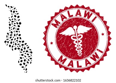 Vector collage Malawi map and red round rubber stamp watermark with serpents icon. Malawi map collage constructed with elliptic spots. Red round clinic seal stamp, with scratched texture.