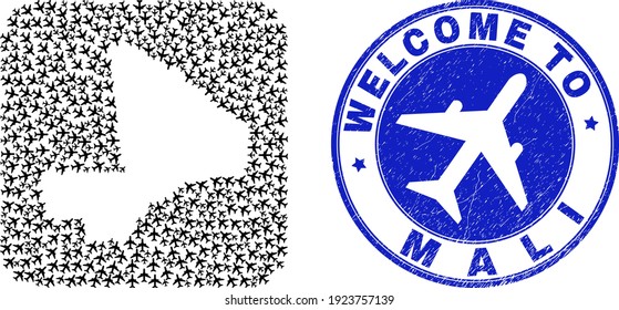 Vector collage Mali map of air shipping items and grunge Welcome stamp. Collage geographic Mali map designed as hole from rounded square shape with air vehicles.