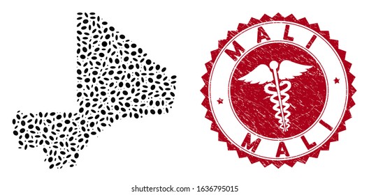 Vector collage Mali map and red round grunge stamp seal with medical sign. Mali map collage formed with ellipse items. Red round healthcare stamp, with grunge texture.