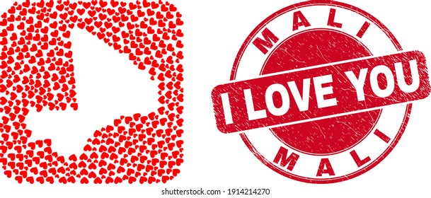 Vector collage Mali map of valentine heart items and grunge love seal stamp. Mosaic geographic Mali map created as carved shape from rounded square shape with valentine hearts.