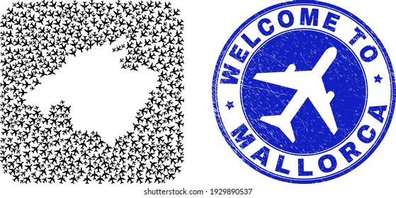 Vector collage Mallorca map of trip items and grunge Welcome seal. Mosaic geographic Mallorca map created as hole from rounded square shape with airways.
