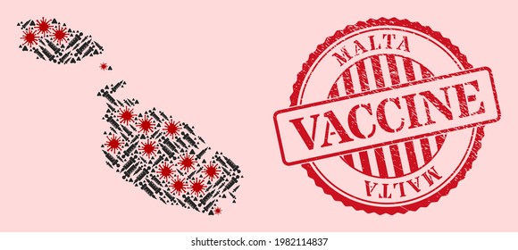 Vector collage Malta map of corona virus, injection icons, and red grunge vaccination stamp. Virus items and injection particles inside Malta map.