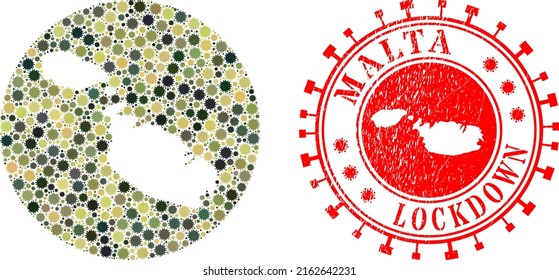 Mapa del collage vectorial de Malta de los iconos de covid-2019 y sello de sello de LOCKDOWN. Mapa geográfico mosaico de Malta creado como esténcil de forma redonda con elementos covid-2019 en colores de ejército de camuflaje.