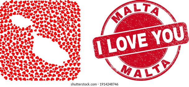 Vector collage Malta map of lovely heart elements and grunge love seal stamp. Collage geographic Malta map created as hole from rounded square shape with love hearts.